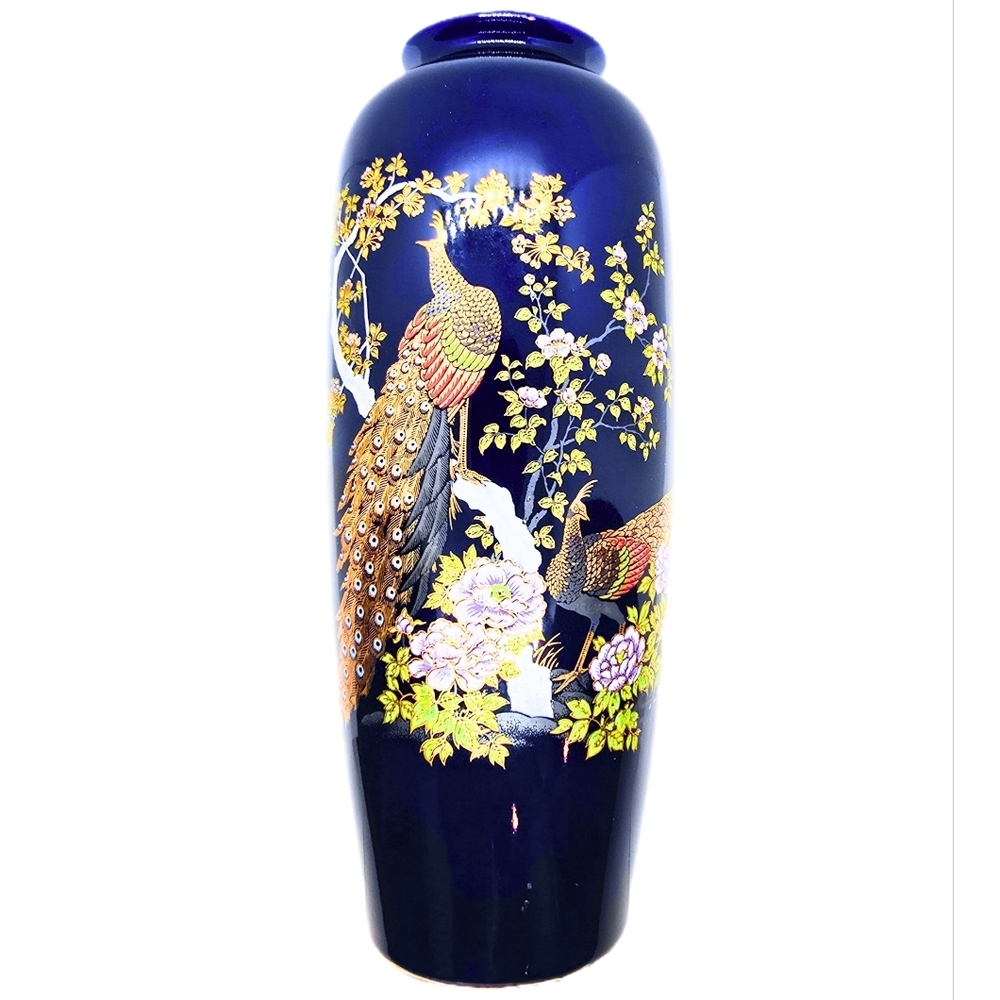 Elegant Cobalt Blue Japanese Oriental Peacock Vase with Floral Design 8.75"